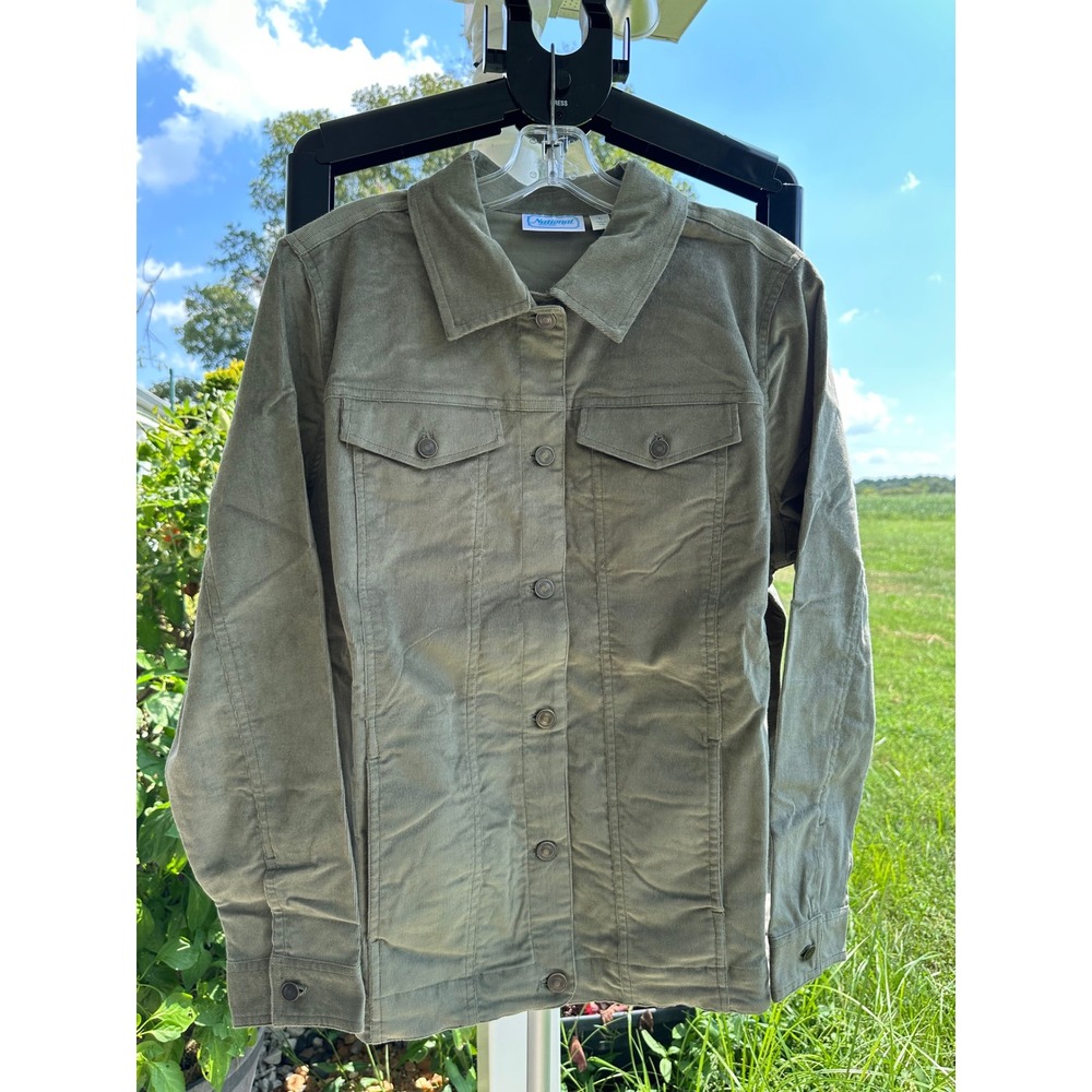 National Women Olive Green Corduroy Trucker Jacket Stretch Cotton Size L 24406